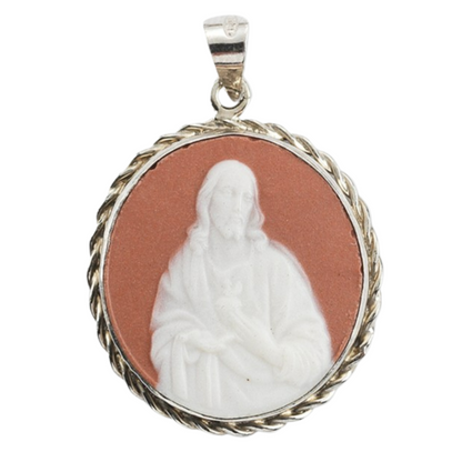 Sacred Heart of Jesus Pink Cameo Sterling Silver Pendant — 24" Chain