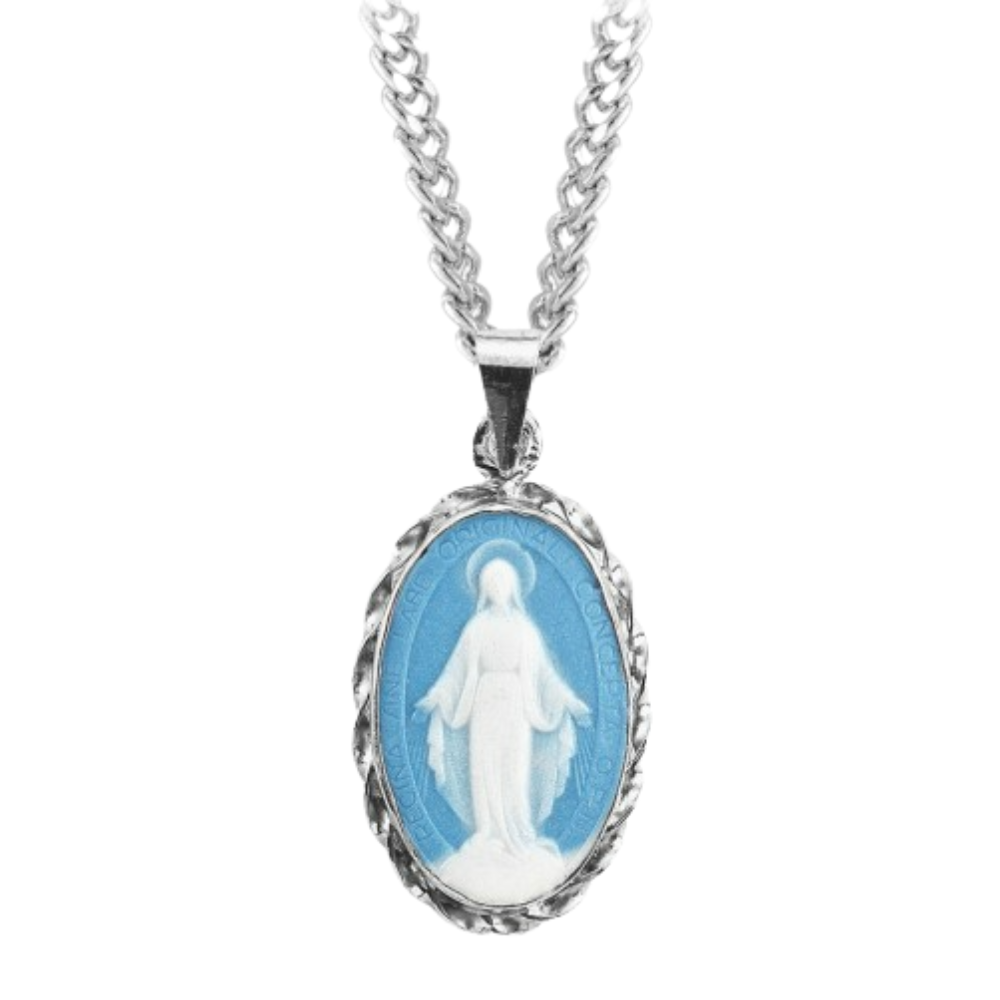 Sterling Silver Genuine Cameo Mir Blue 3/4" Oval , Catholic Gift, Made in USA