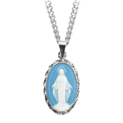 Sterling Silver Genuine Cameo Mir Blue 3/4" Oval , Catholic Gift, Made in USA