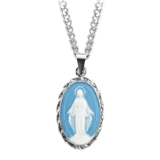 Sterling Silver Genuine Cameo Mir Blue 3/4" Oval , Catholic Gift, Made in USA