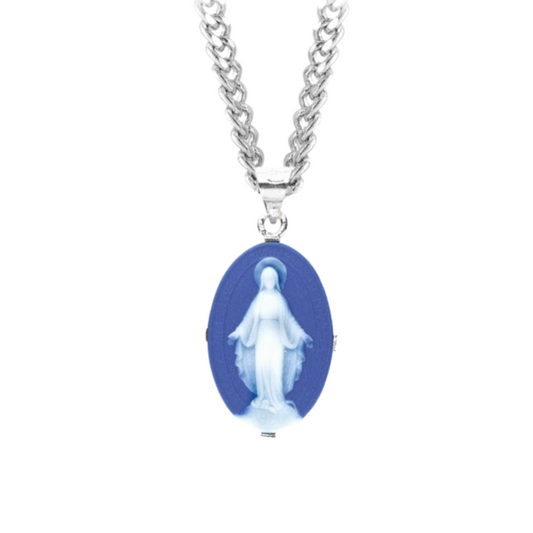 Genuine Cameo Oval Miraculous Blue, Catholic Gift, Made in USA