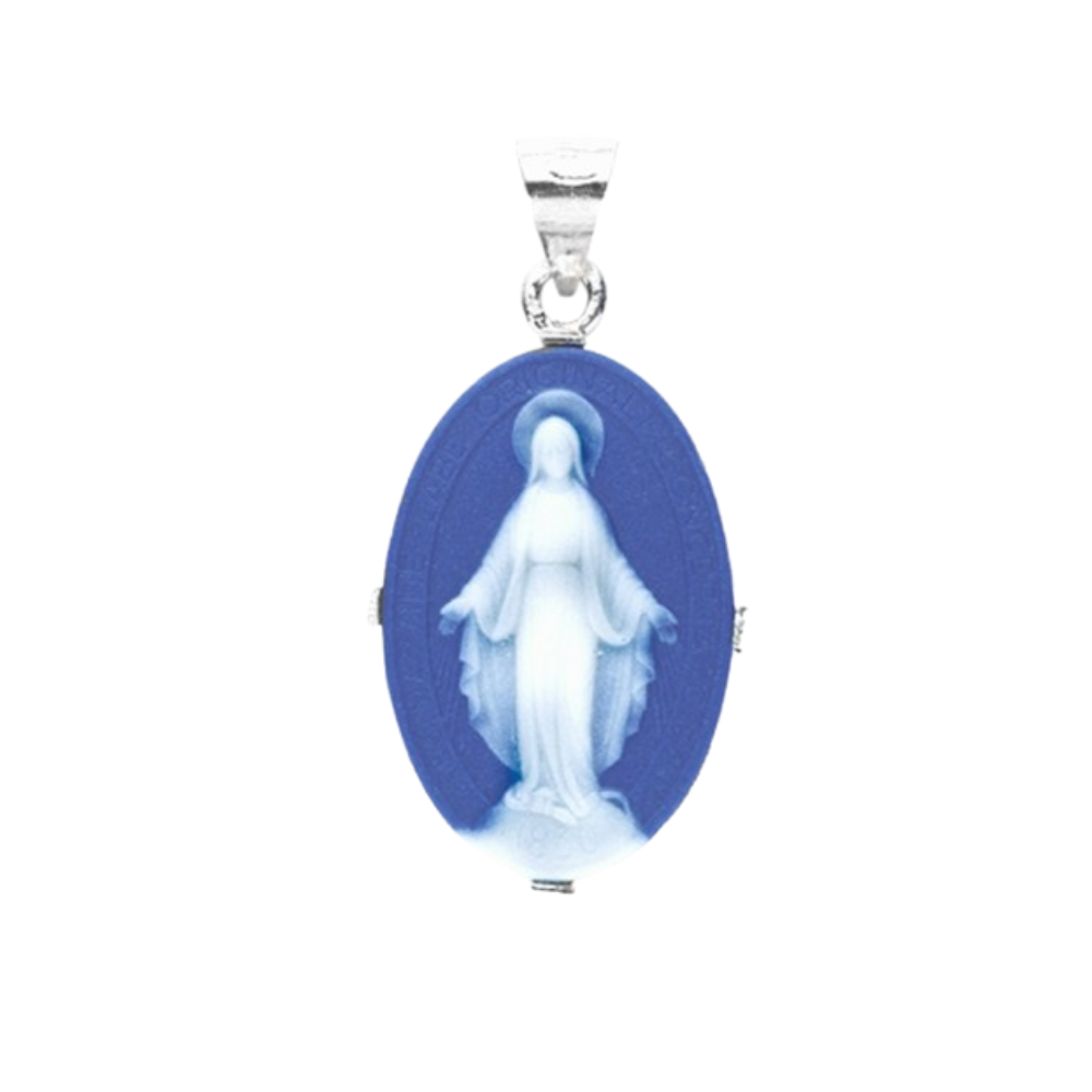 Miraculous Medal Sterling Silver Cameo Pendant — 18" Chain, Gift Box Included