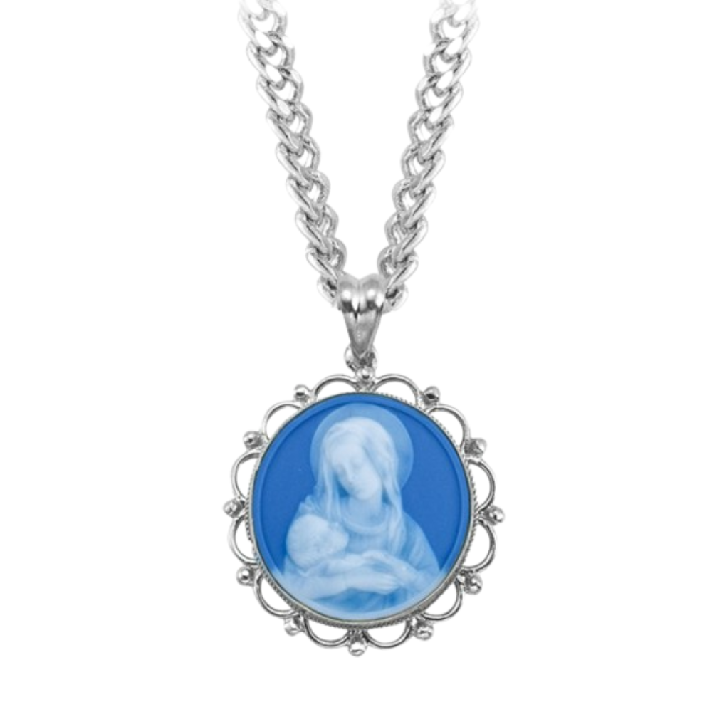 Sterling Silver Genuine Cameo Mother & Child Rd, Catholic Gift, Made in USA
