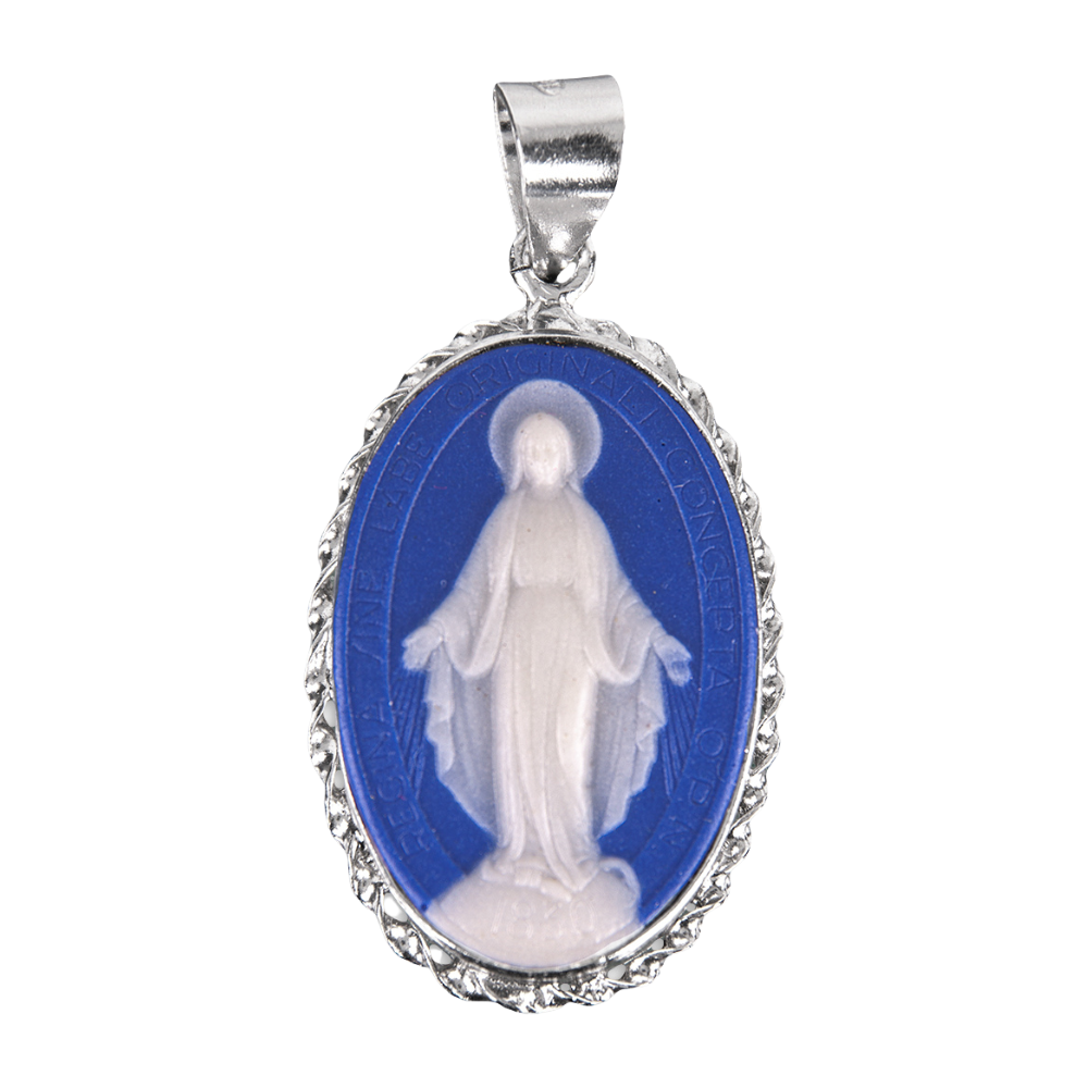 Miraculous Medal Dark Blue Cameo Sterling Silver Pendant — 24" Chain, Gift Box