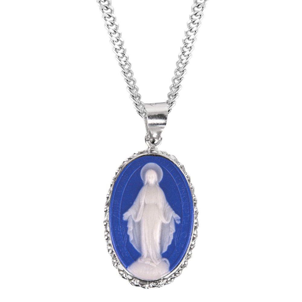 Dark Blue Sterling Silver Cameo Miraculous Medal, Catholic Gift, Made in USA