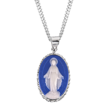 Dark Blue Sterling Silver Cameo Miraculous Medal, Catholic Gift, Made in USA