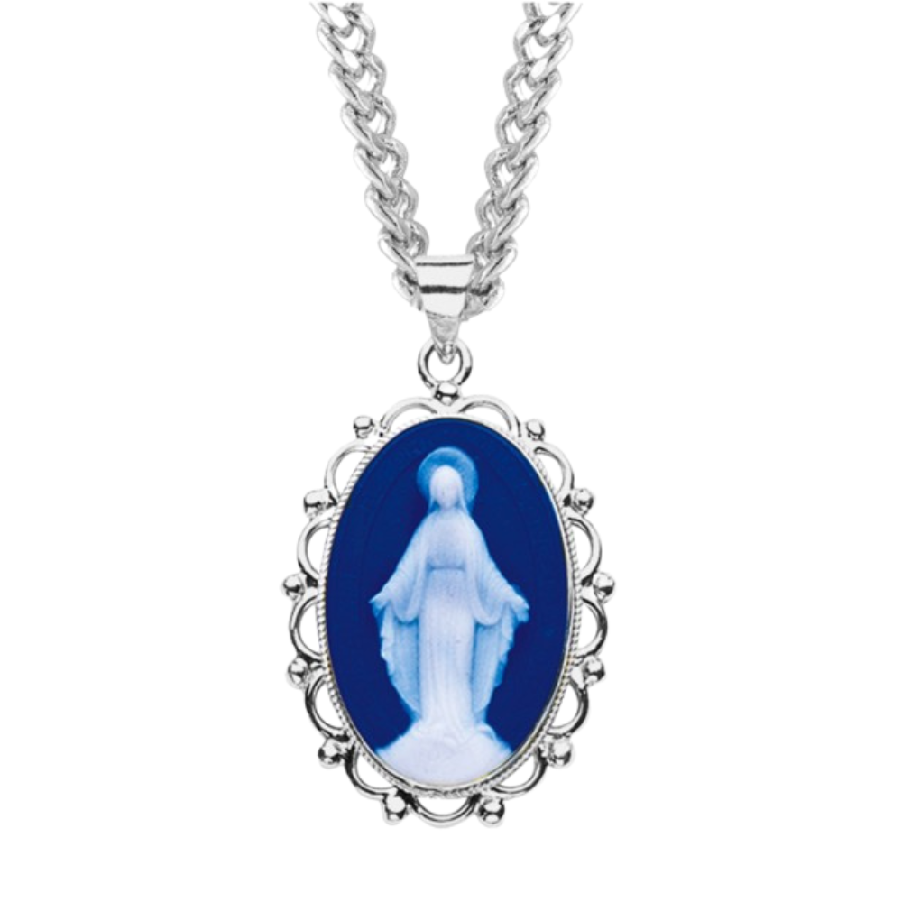 Sterling Silver Genuine Cam Mir Fancy Edge Oval, Catholic Gift, Made in USA