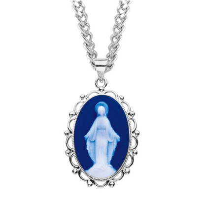 Sterling Silver Genuine Cam Mir Fancy Edge Oval, Catholic Gift, Made in USA