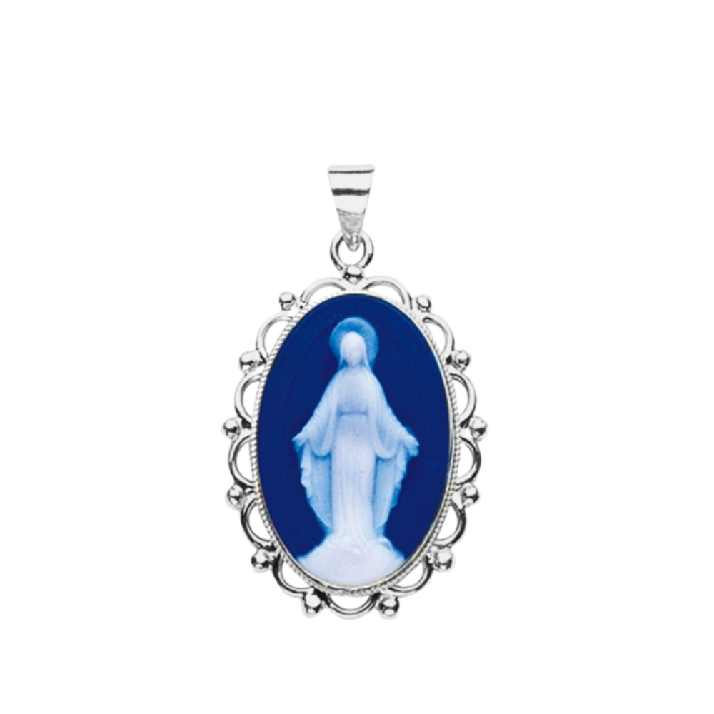 Miraculous Medal Sterling Silver Cameo Pendant — 24"" Chain, Gift Box Included