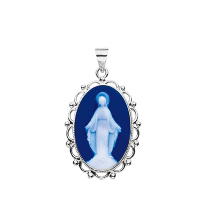 Miraculous Medal Sterling Silver Cameo Pendant — 24"" Chain, Gift Box Included