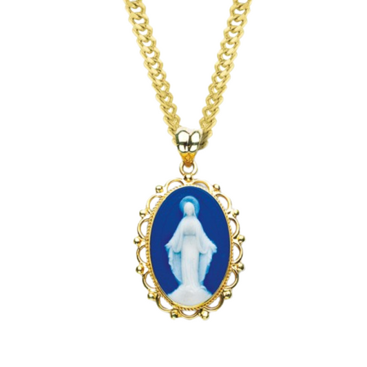 Gold Plated Sterling Genuine Cameo Mir Blue Fancy Edge Oval, Catholic Gift, Made in USA