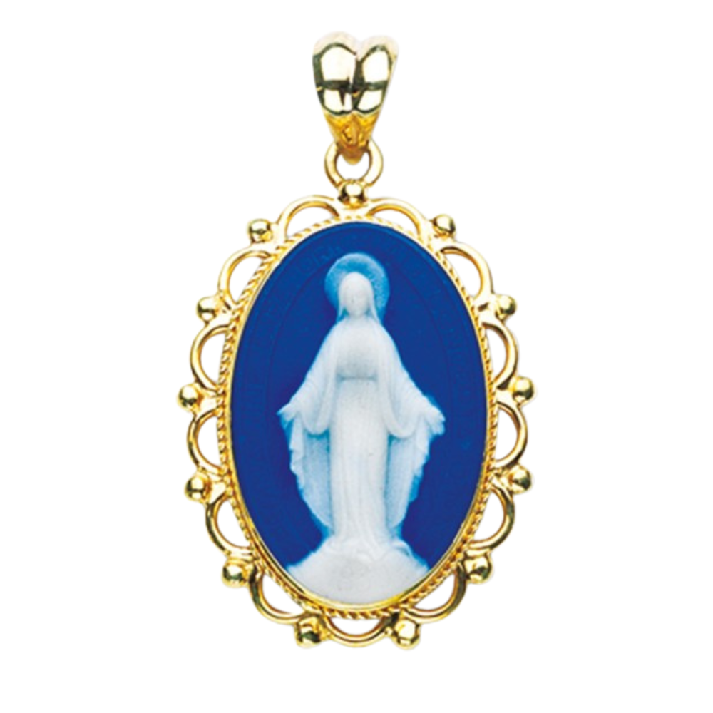Miraculous Medal Gold Over Sterling Blue Cameo Pendant — 24" Chain, Gift Box