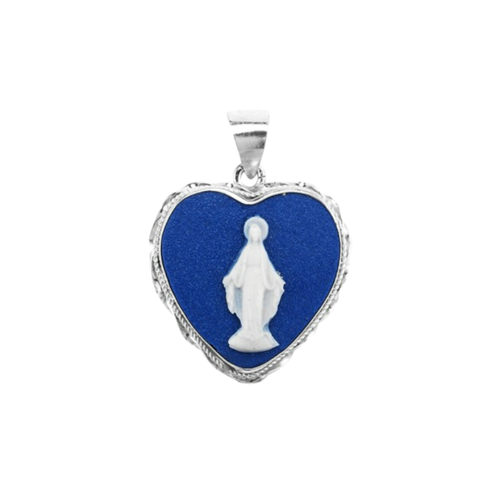 Miraculous Medal Sterling Silver Heart Cameo Necklace — 18" Chain, Gift Box
