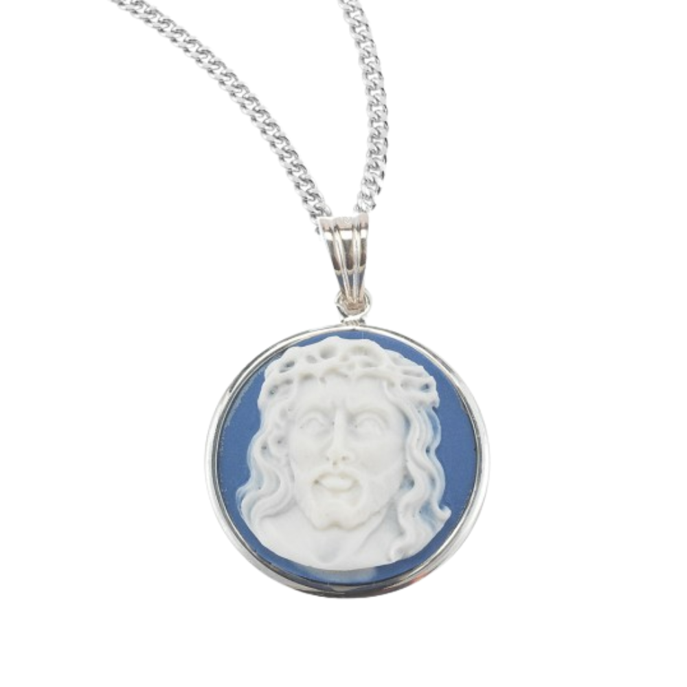 Genuine Cameo 1-1/16" Round Blue Head of Christ with Sterling Silver Rim, Catholic Gift, Made in USA