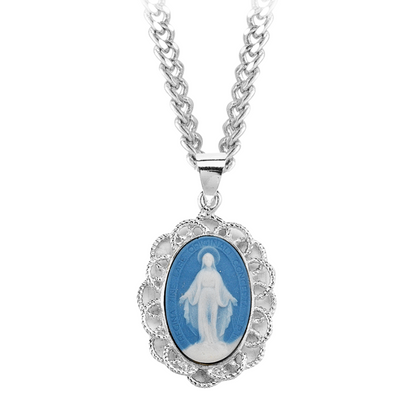1-1/8" Light Blue Cameo Miraculous Medal w/ Sterling Weaved Filigree Frame, Catholic Gift, Made in USA