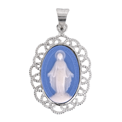 Miraculous Medal Light Blue Cameo Sterling Silver Necklace — 18" Chain