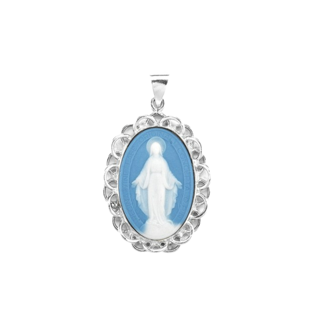 Miraculous Medal Blue Cameo Sterling Silver Pendant — 24" Chain, Gift Box