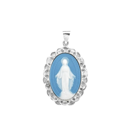 Miraculous Medal Blue Cameo Sterling Silver Pendant — 24" Chain, Gift Box