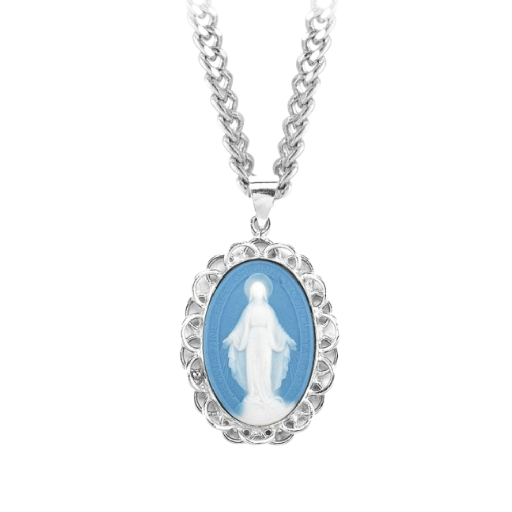1-3/4" Light Blue Cameo Miraculous Medal w/ Sterling Weaved Filigree Frame, Catholic Gift, Made in USA