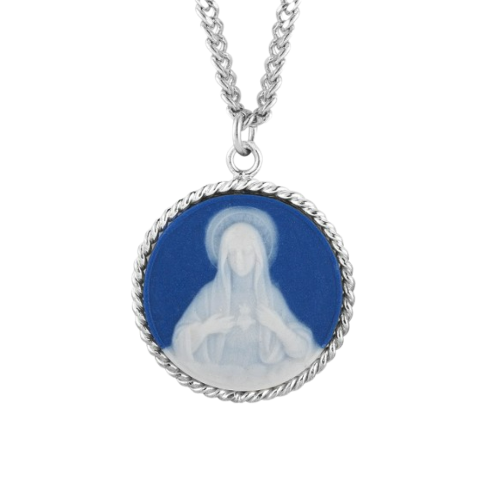 Genuine Cameo 15/16" Round Blue Immaculate Heart of Mary with a Sterling Silver Rim, Catholic Gift, Made in USA