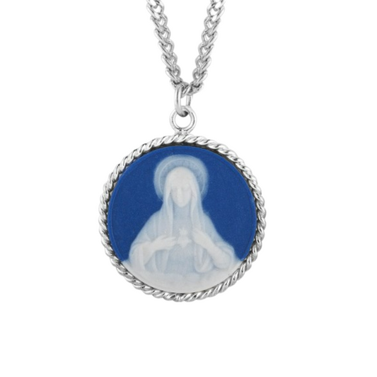 Genuine Cameo 15/16" Round Blue Immaculate Heart of Mary with a Sterling Silver Rim, Catholic Gift, Made in USA