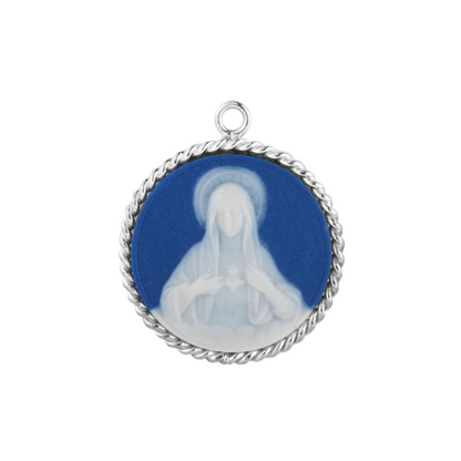 Immaculate Heart Blue Cameo Silver Pendant — 18" Chain, Made in USA, Gift Box