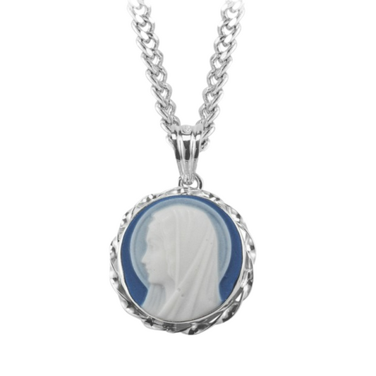 Genuine Cameo 13/16" Round Blue Madonna Profile Bust with a Sterling Silver Rim, Catholic Gift, Made in USA