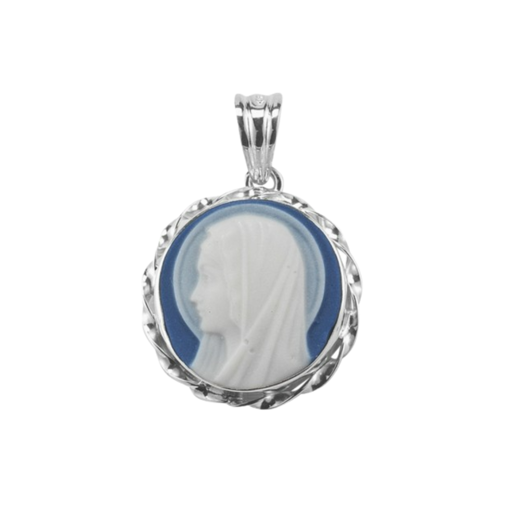 Madonna Profile Blue Cameo Sterling Silver Necklace — 18" Chain, Gift Box