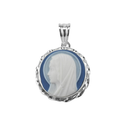 Madonna Profile Blue Cameo Sterling Silver Necklace — 18" Chain, Gift Box
