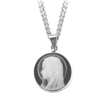 Genuine Cameo 13/16" Round Black Madonna Profile Bust with a Sterling Silver Rim, Catholic Gift, Made in USA
