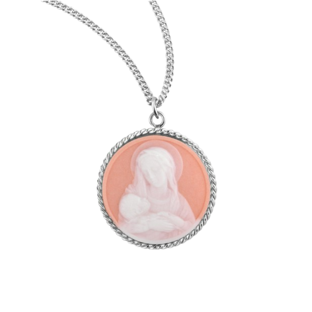 Genuine Cameo 1-1/16" Round Rose Madonna & Child with a Sterling Silver Rim, Catholic Gift, Made in USA