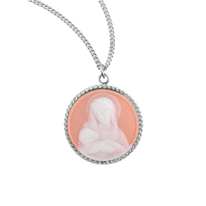 Genuine Cameo 1-1/16" Round Rose Madonna & Child with a Sterling Silver Rim, Catholic Gift, Made in USA