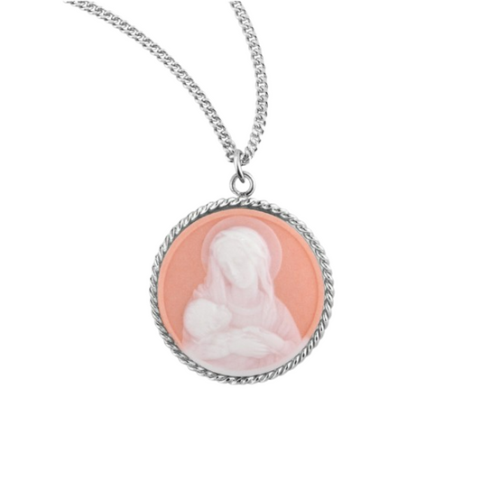 Genuine Cameo 1-1/16" Round Rose Madonna & Child with a Sterling Silver Rim, Catholic Gift, Made in USA