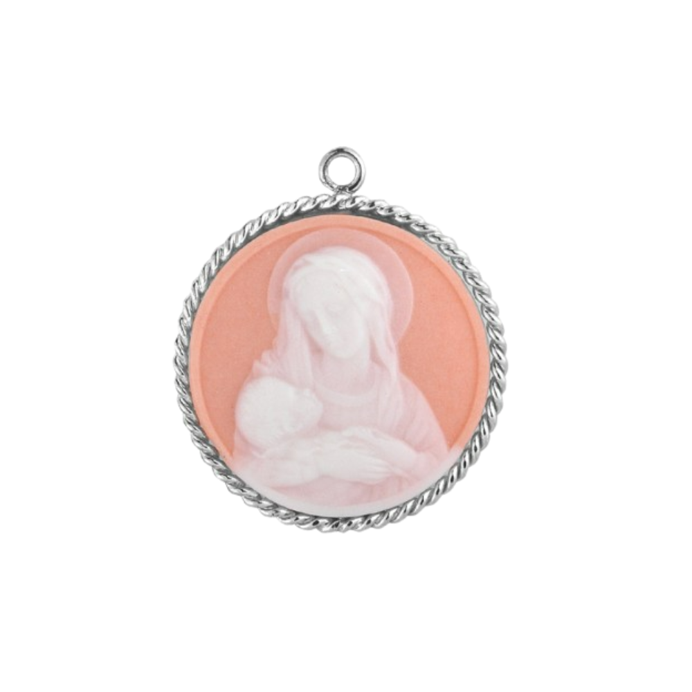 Madonna and Child Sterling Silver Cameo Pendant — 20" Chain, Gift Box Included