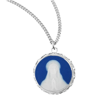 Genuine Cameo 15/16" Round Blue O.L. of Lourdes with a Sterling Silver Rim , Catholic Gift, Made in USA