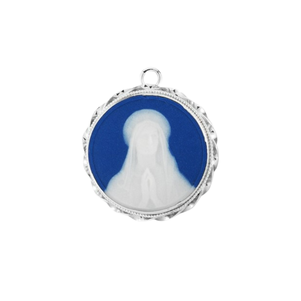 Our Lady of Lourdes Blue Cameo Sterling Silver Pendant — 18" Chain, Gift Box