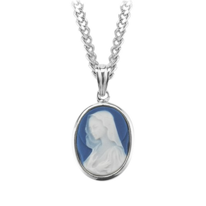 Genuine Cameo 7/8" Blue Oval Madonna with a Sterling Silver Rim, Catholic Gift, Made in USA