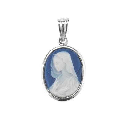 Madonna Blue Oval Cameo Sterling Silver Pendant Necklace — 18" Chain, Gift Box