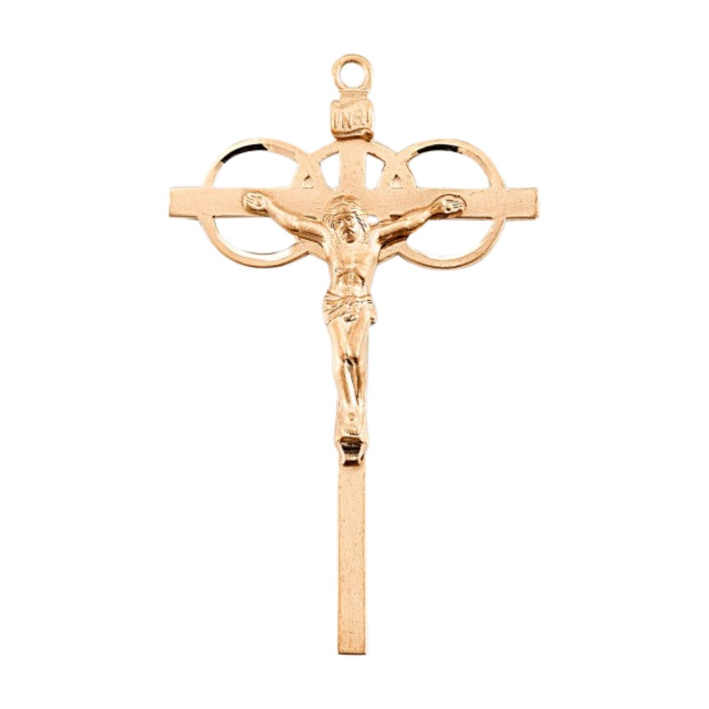 Three Ring Wedding Crucifix 16kt Gold Over Sterling Silver — 24" Chain, Gift Box