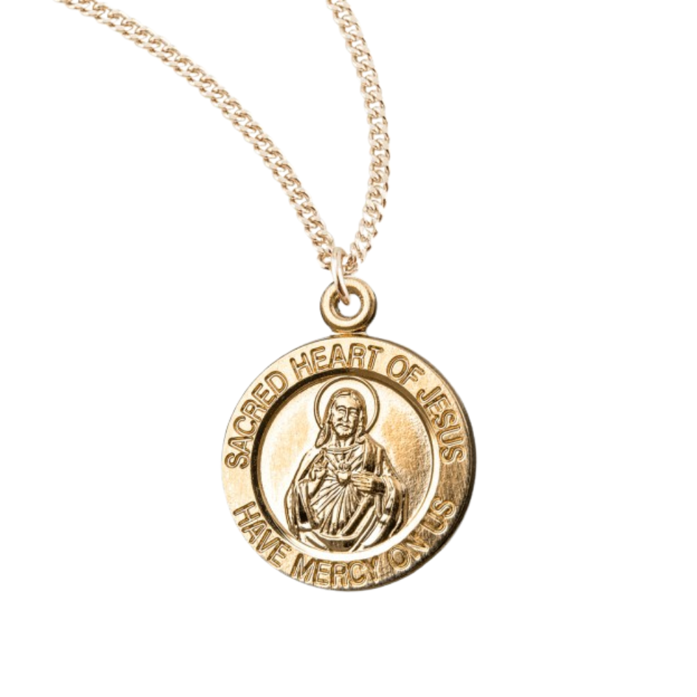 Sacred Heart of Jesus Double Sided Round Gold Plated Sterling Silver Scapular Medal, Catholic Gift, Made in USA