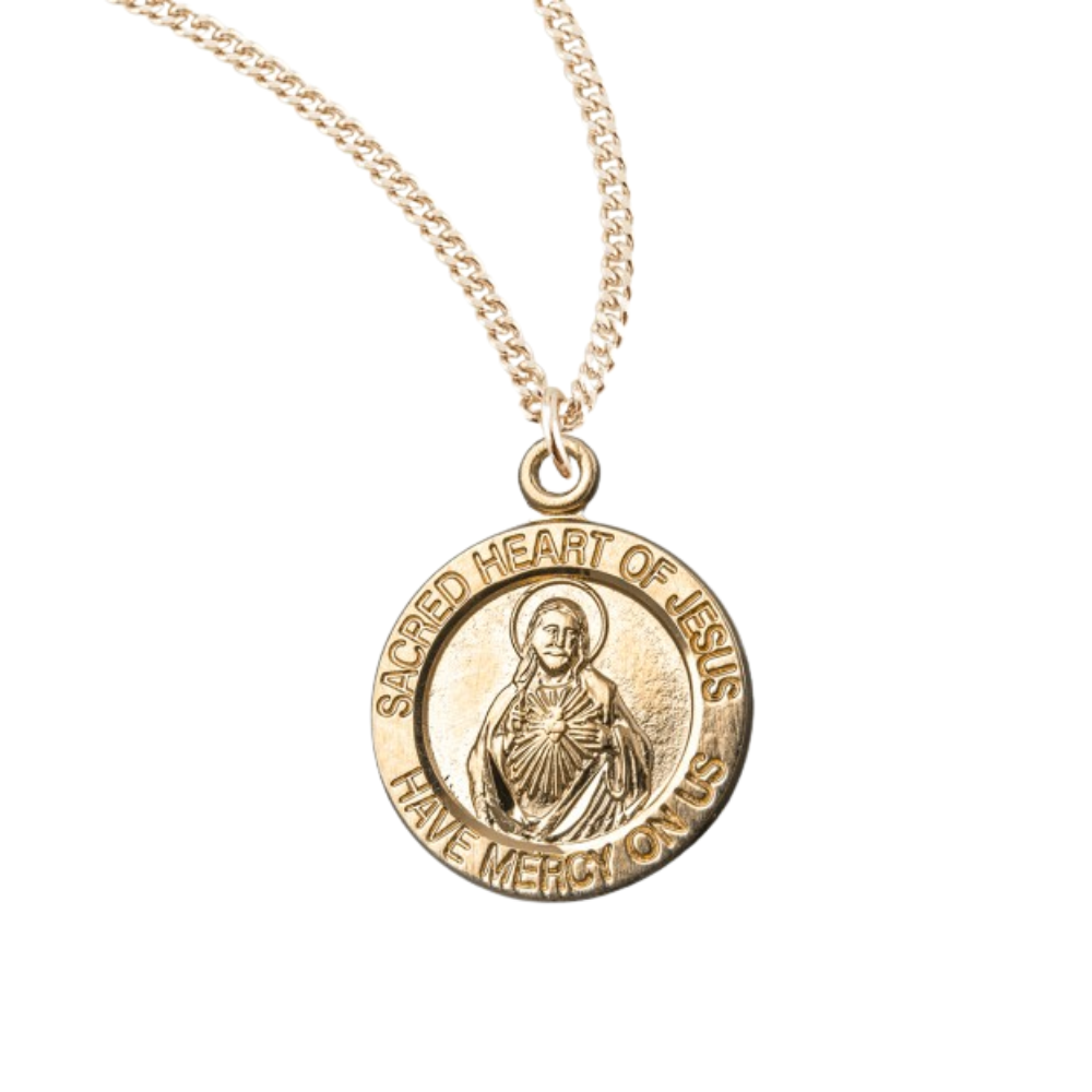 Sacred Heart of Jesus Double Sided Round Gold Plated Sterling Silver Scapular Medal, Catholic Gift, Made in USA
