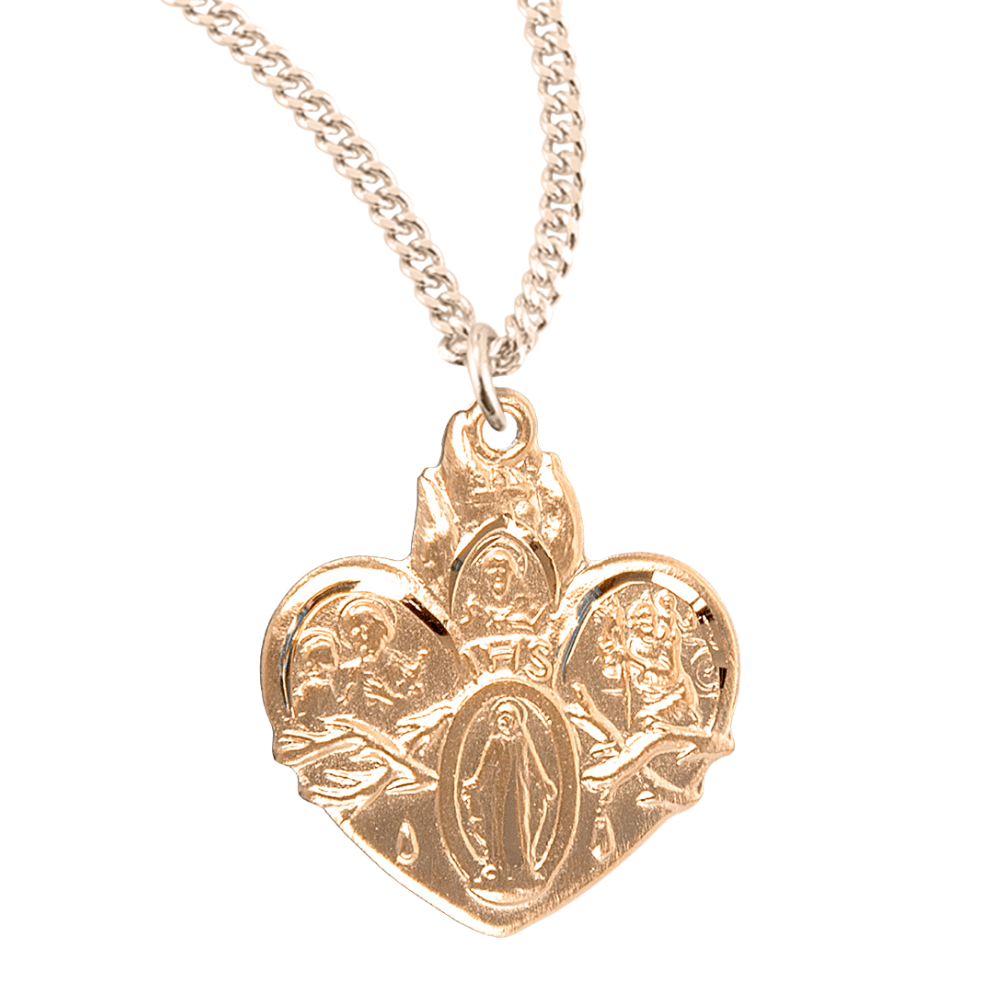 Gold Plated Sterling Silver Heart Shape 4-Way Medal, Catholic Gift, Made in USA