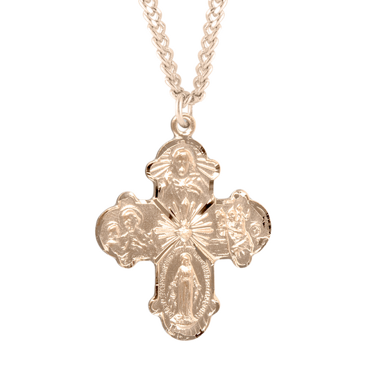 Gold Plated Sterling Silver Four-Way Medal, Catholic Gift, Made in USA