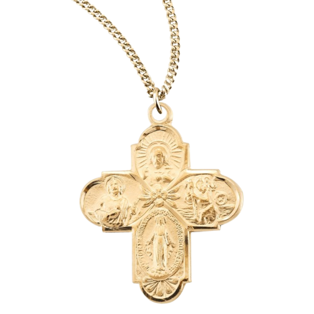 16kt Gold Plated Sterling Silver 4-Way w/Flower Ctr , Catholic Gift, Made in USA