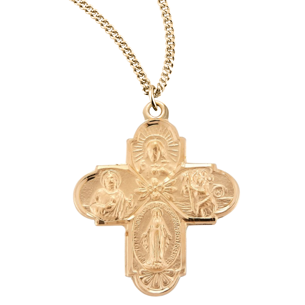 16k Gold Plated Sterling Silver Saint Jude 4-Way w/Flower Ctr , Catholic Gift, Made in USA
