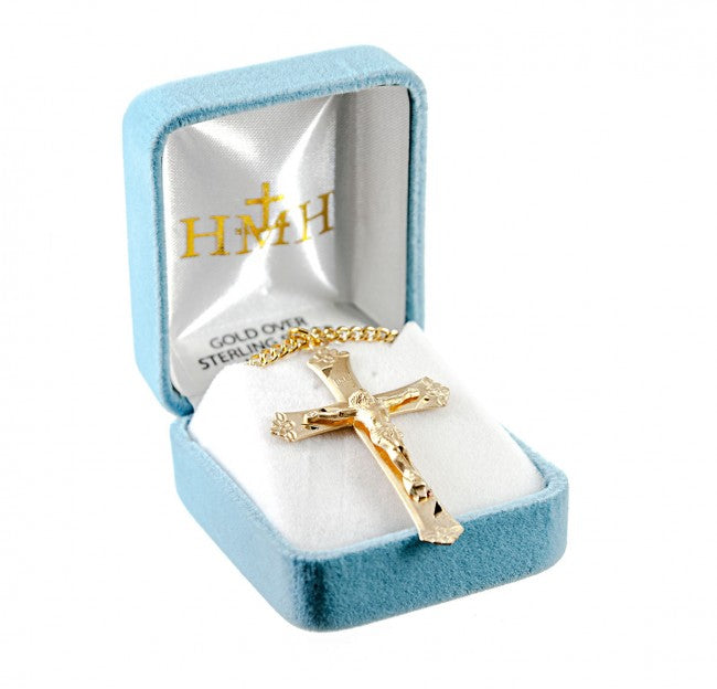 Large Rosary Crucifix 16kt Gold Over Sterling Silver — 24" Chain, Made in USA
