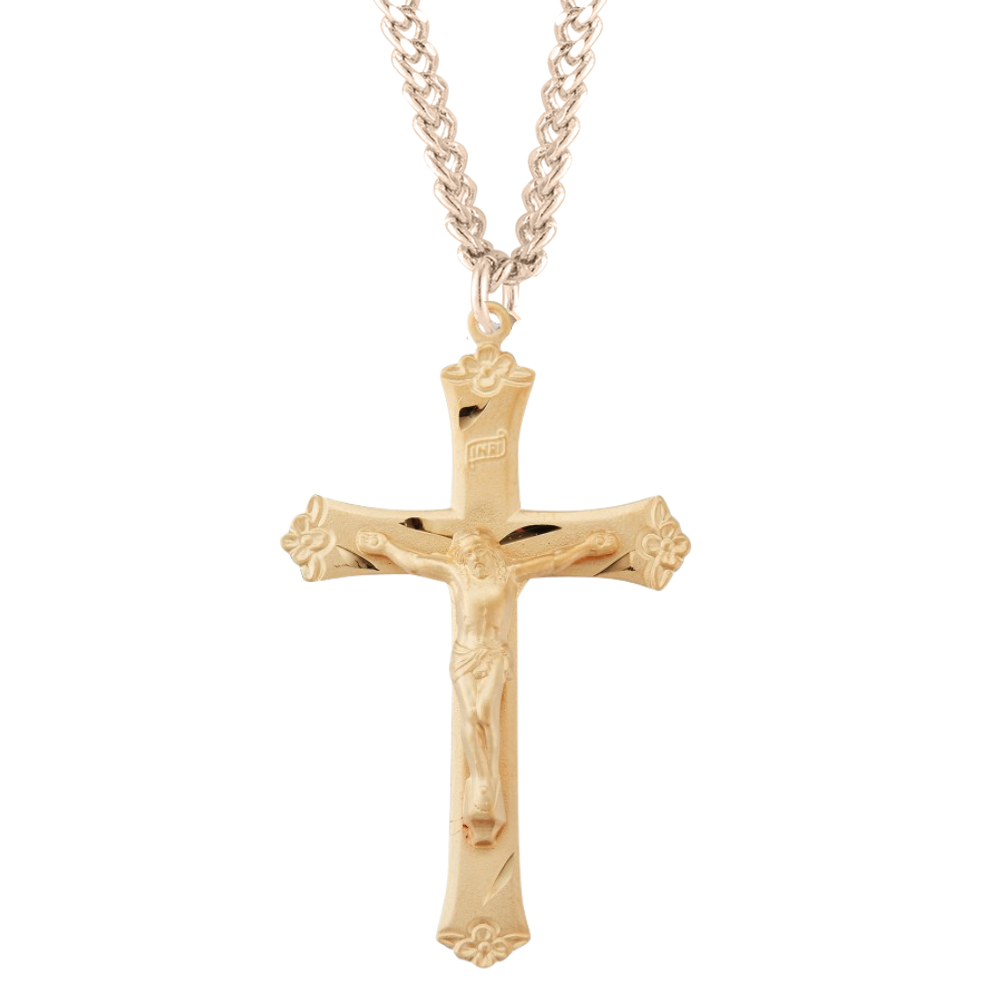 Gold Plated Sterling Silver Lg Rosary Crucifix W/ Flower Tips , Catholic Gift, Made in USA