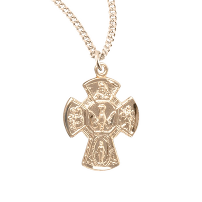 Gold Plated Sterling Silver Four-Way Medal, Catholic Gift, Made in USA