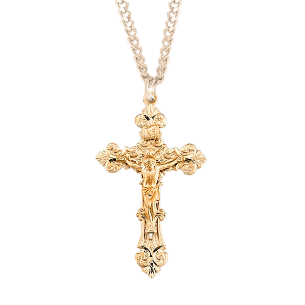 Gold Plated Sterling Silver Filigree Scroll Relief Design Crucifix, Catholic Gift, Made in USA