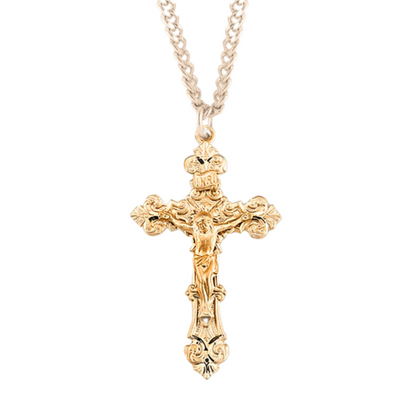 Gold Plated Sterling Silver Filigree Scroll Relief Design Crucifix, Catholic Gift, Made in USA